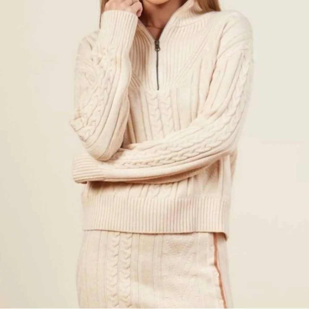 Monrow Cable Knit Half Zip Sweater Cream Large